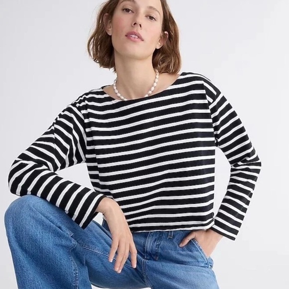 J. Crew Tops - J. Crew Black and White Striped Cropped Boatneck Shirt
